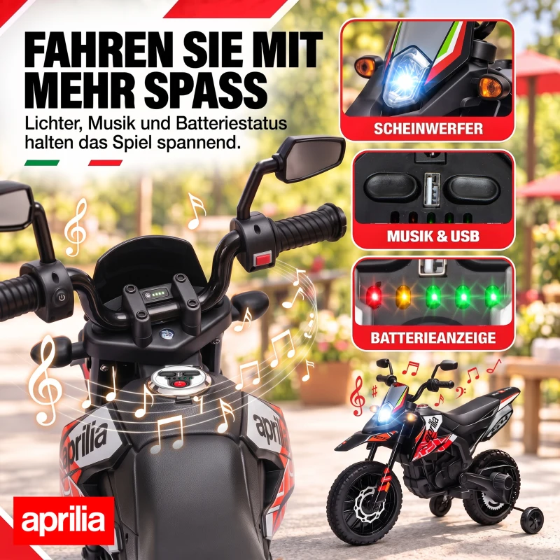 AIYAPLAY Elektro Motorrad Kinder 12 V Elektromotorrad mit 2 Motoren Stützrädern, Stoßdämpfer 13 Zoll Räder Musik, USB