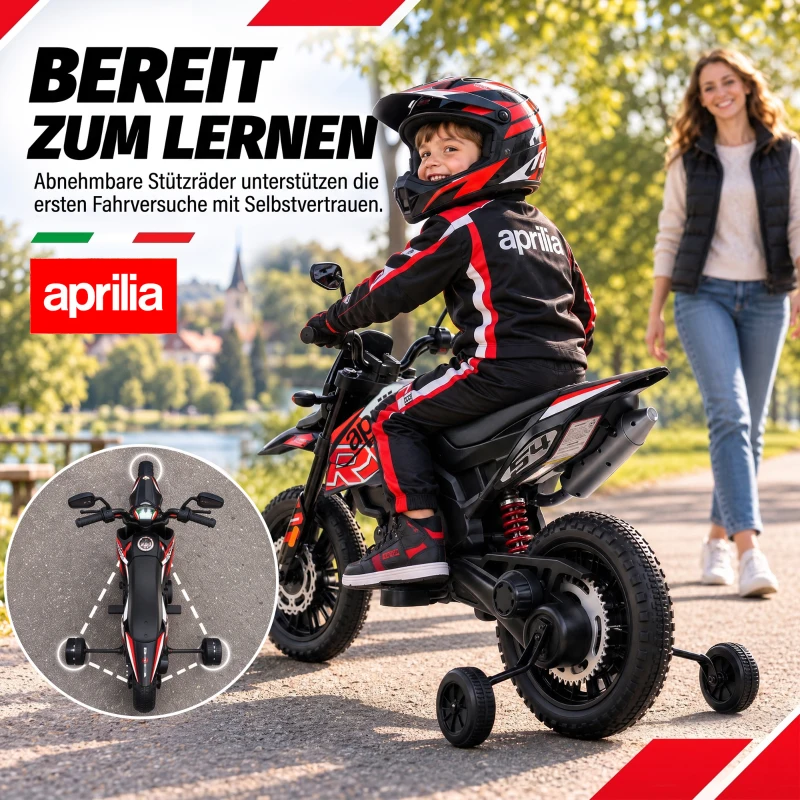 AIYAPLAY Elektro Motorrad Kinder 12 V Elektromotorrad mit 2 Motoren Stützrädern, Stoßdämpfer 13 Zoll Räder Musik, USB