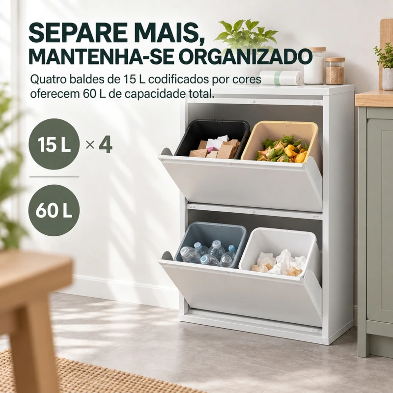 HOMCOM Caixote do Lixo de Reciclagem 4x15 L (60 L), 4 Compartimentos Estreitos em Aço, Fecho Suave, Branco