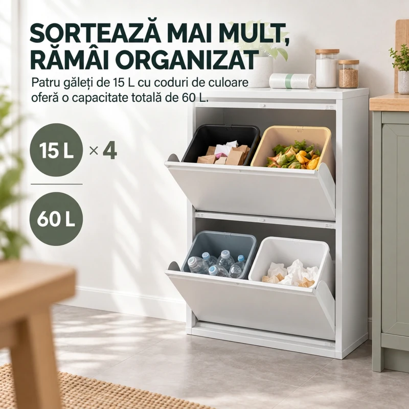 HOMCOM Coș rabatabil pentru colectare selectivă 4x15L din oțel, 4 găleți detașabile, închidere amortizată, alb