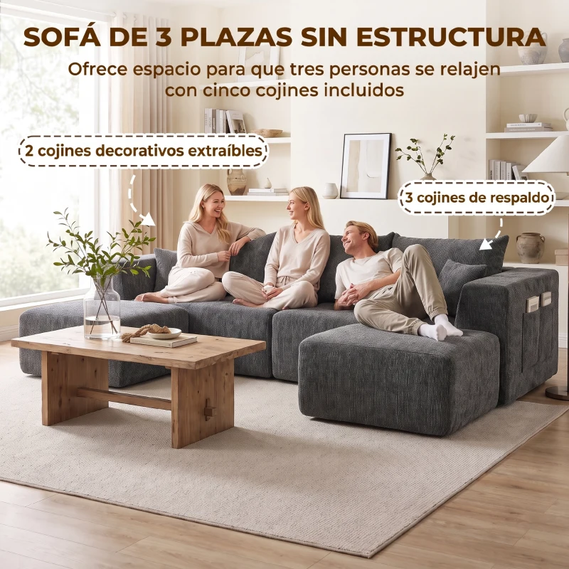 HOMCOM Sofá Modular en U de 3 Plazas con 2 Otomanas Bolsillos Sofá de Chenilla con Asiento Ancho No Requiere Montaje Gris