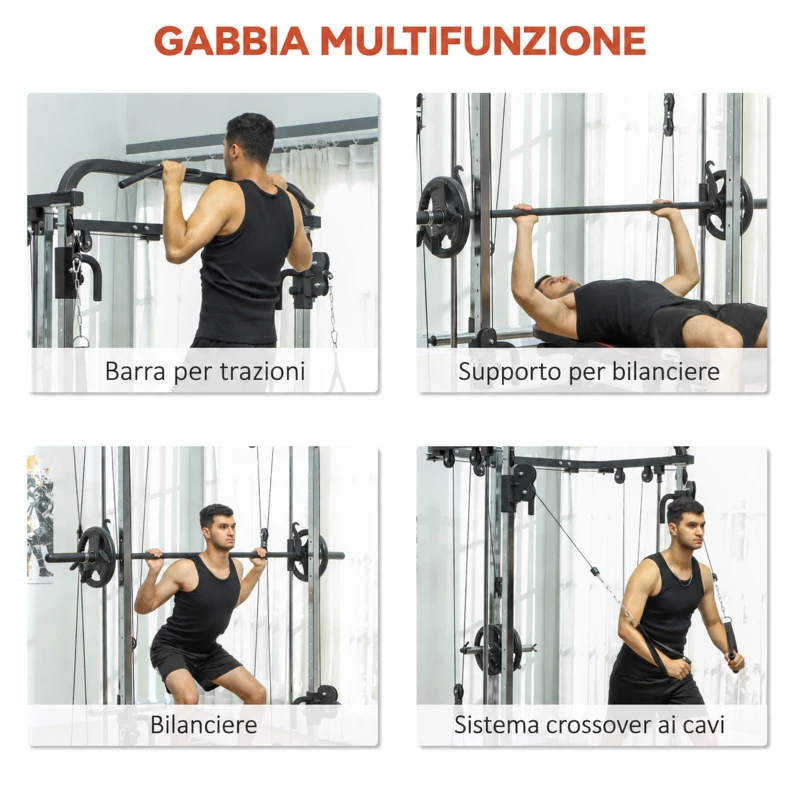 SPORTNOW 3 in 1 Palestra Multifunzione con Sistema di Cavi Incrociati Regolabile, Squat Rack Regolabile, Barra Bilanciere, Barre Trazioni