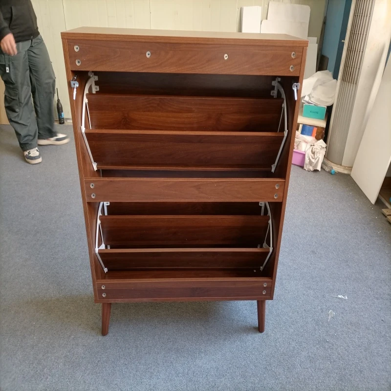 Farmhouse Walnut Shoe Storage Cabinet with 2 Flip Drawers, Slim Fence Shoe Cabinet for Corridor Entrance, 80L x 24W x 98H cm, Walnut