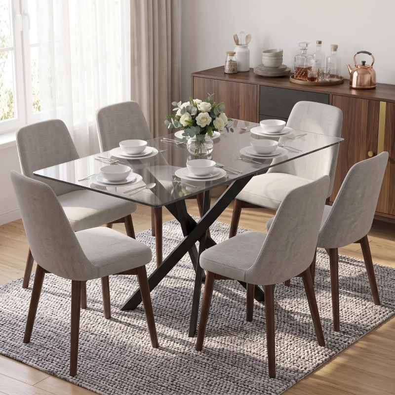 HOMCOM Mesa de Jantar Moderna para 6 Pessoas, Mesa de Cozinha com Tampo em Vidro 120x65 cm, Transparente e Preto