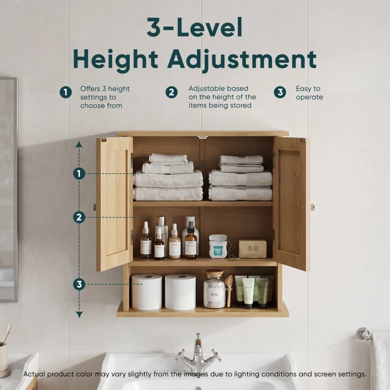 Wall-Mounted Vanity with Double Doors and Adjustable Shelf, Waterproof Wall Cabinet for Bathroom and Kitchen, 55L x 20W x 60H cm, Oak