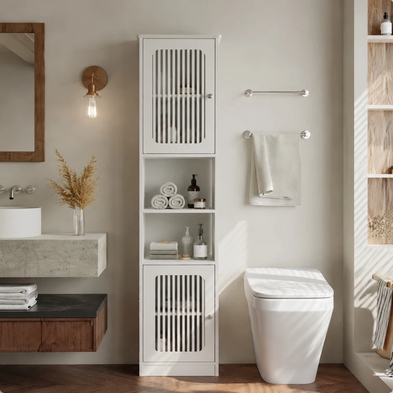 Tall Bathroom Cabinet with Louvered Doors and Adjustable Shelves, Slim Storage Unit for Bathroom and Hallway, 36L x 30W x 163H cm, White