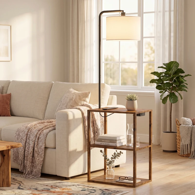 HOMCOM Dimmable Floor Lamp with Shelves, Charging Station, 3-Tier Storage Table, Adjustable Fabric Lampshade, Rustic Brown