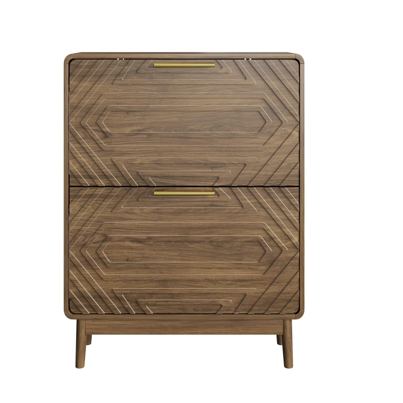 Mid-Century Walnut Shoe Storage Cabinet with 2 Flip Drawers, Freestanding Shoe Cabinet for Entry Hallway, 60L x 24W x 95H cm, Walnut
