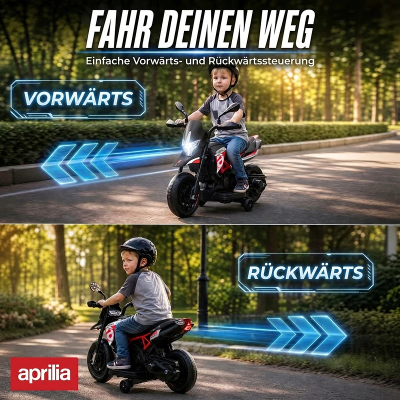 AIYAPLAY Elektryczny motocykl dziecięcy APRILIA 6 V z akumulatorem litowym 25 W silnik ograniczenie skrętu 30° odłączane kółka pomocnicze