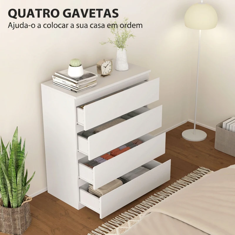 HOMCOM Cómoda com 4 Gavetas para Quarto, Design Moderno, Fecho Suave, para Sala, Closet ou Hall de Entrada, 80x39x95 cm, Branco