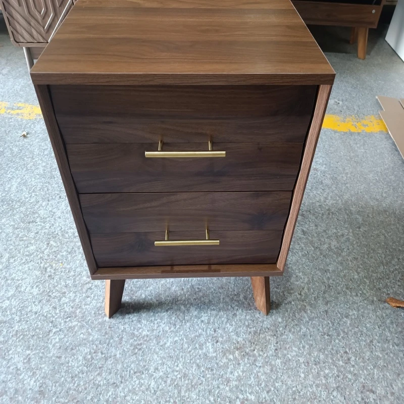 Sturdy Walnut Double Drawer Bedside Table with Metal Handles, Sleek Bedside Storage Cabinet for Bedroom, 50L x 40W x 58H cm, Walnut