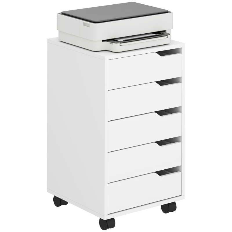 HOMCOM Caisson Bureau Mobile avec 5 Tiroirs, Meuble Rangement Bureau sur Roulettes pour Documents et Imprimante, Blanc