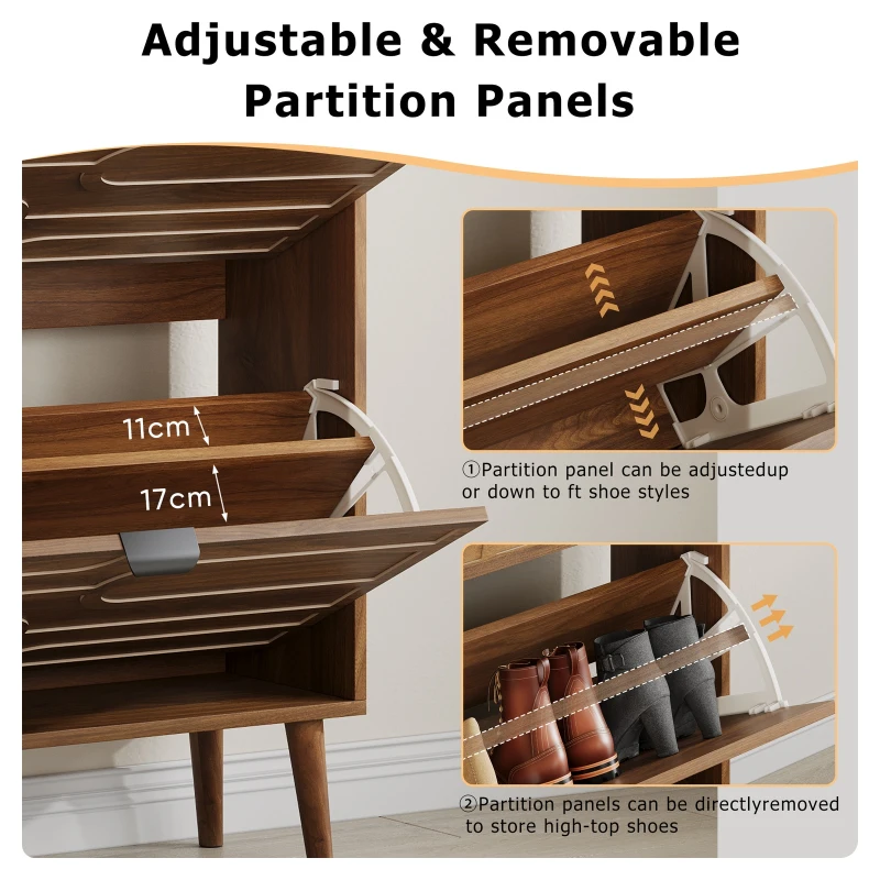 Farmhouse Walnut Shoe Storage Cabinet with 2 Flip Drawers, Slim Fence Shoe Cabinet for Corridor Entrance, 60L x 24W x 98H cm, Walnut
