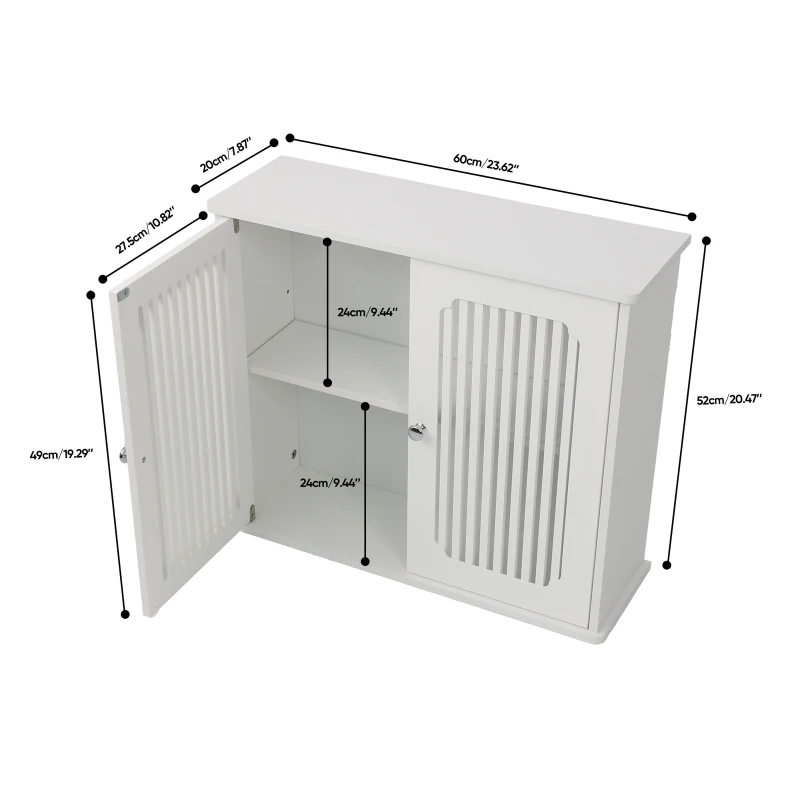 Wall-Mounted Bathroom Cabinet with Louvered Double Doors, Modern Medicine Cabinet for Bathroom and Hallway, 60L x 20W x 52H cm, White