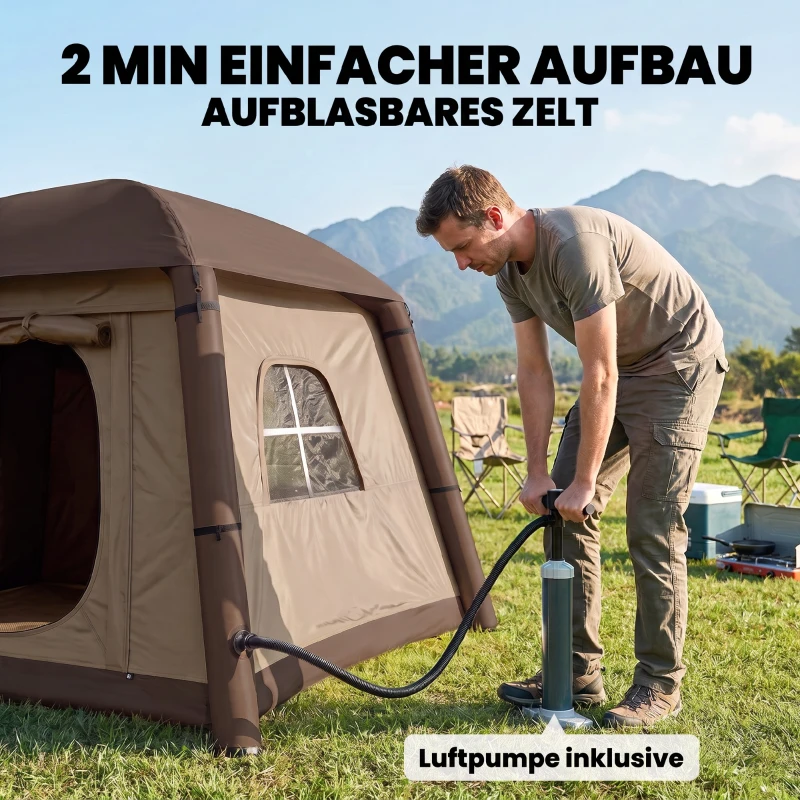 Outsunny Aufblasbares Campingzelt 1-2 Personen Outdoor Familienzelt mit Haken Luftpumpe Fenstern Türen für 4 Jahreszeiten