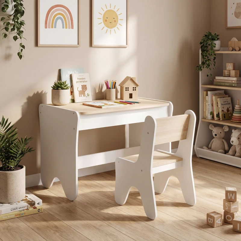 AIYAPLAY Juego de Mesa Infantil con Silla con Cajón Mesa y Silla Infantil Montessori 3 a 8 Años Blanco y Madera Natural