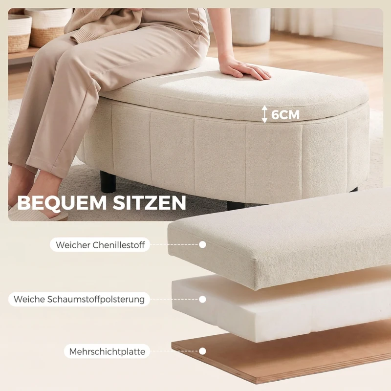 HOMCOM Halbrunde Sitzbank aus Chenille mit Stauraum und hydraulischem Klappdeckel, bis 220 kg, cremeweiß