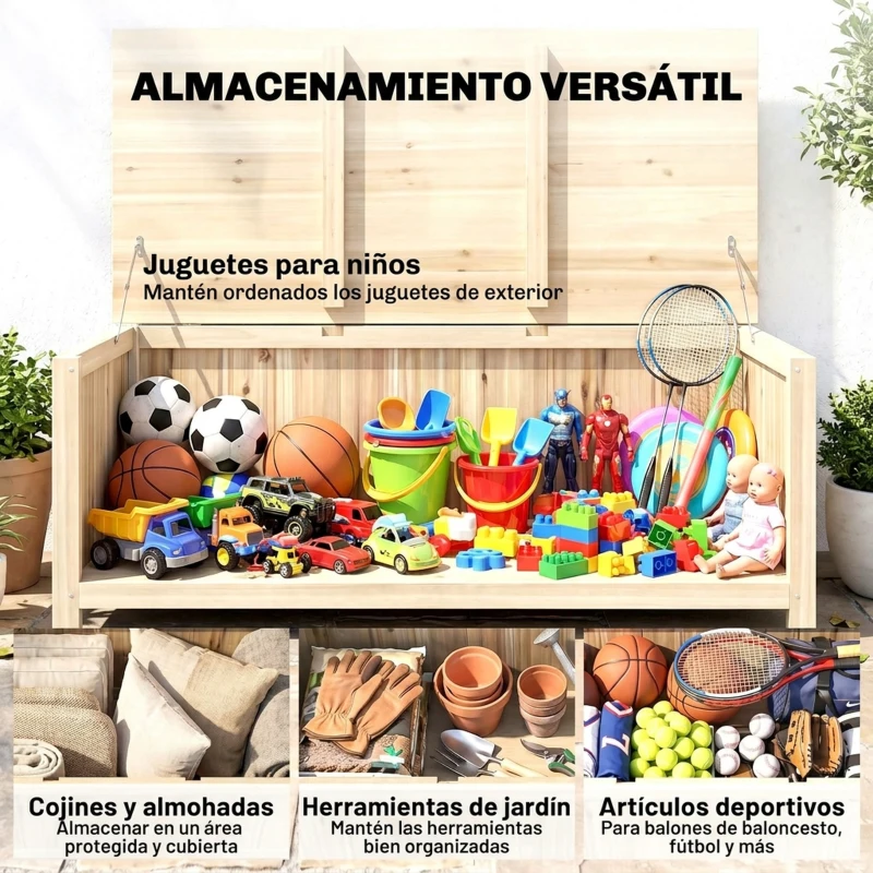 Outsunny Arcón Exterior de Madera 172 L Baúl Almacenaje con Tapa Abatible Resistente a la Intemperie para Jardín Madera Natural