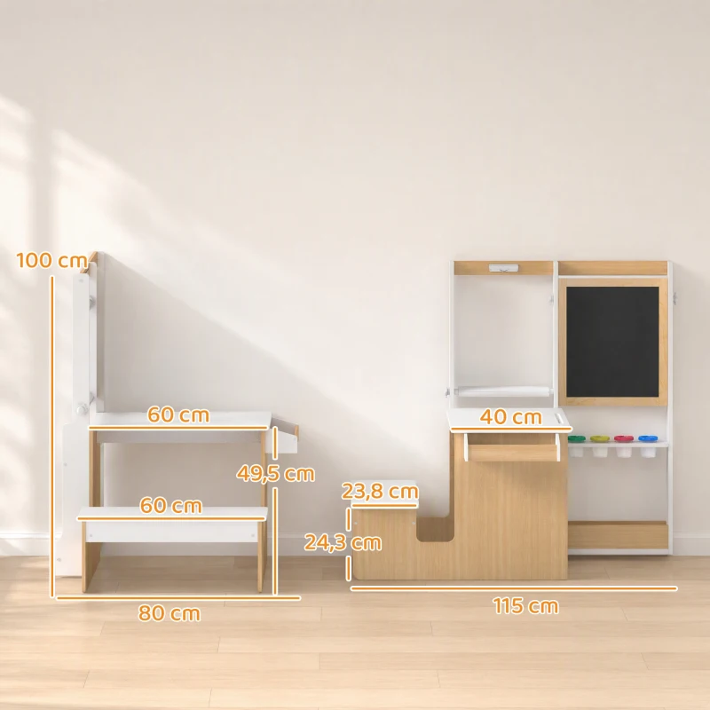 AIYAPLAY Mesa Infantil con Silla 5 en 1 con Pizarra Negra/Blanca y Rollo de Papel Almacenaje 4 Vasos de Pintura 3-8 Años Blanco