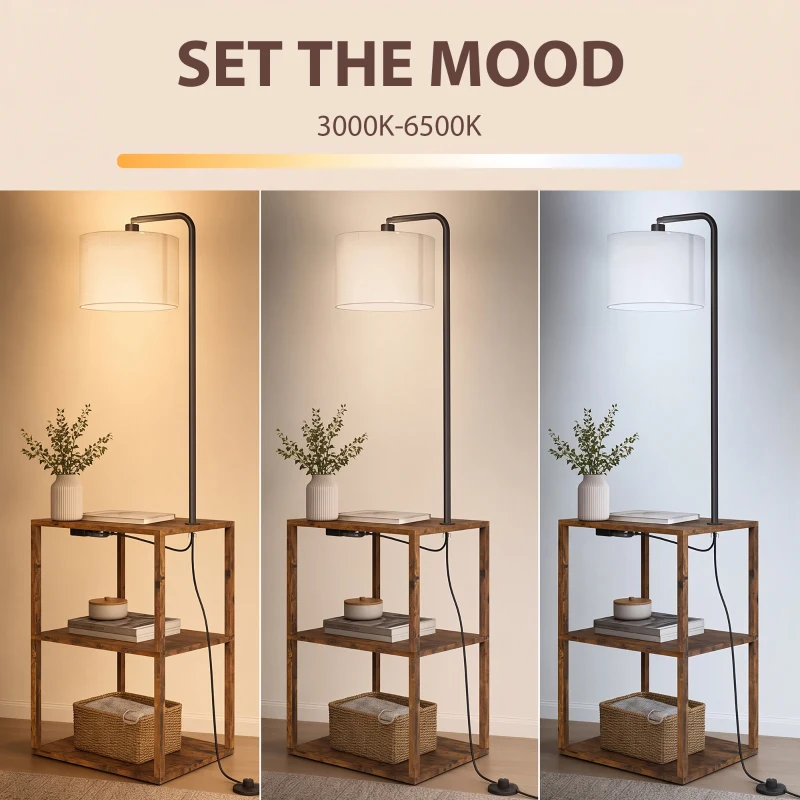 HOMCOM Dimmable Floor Lamp with Shelves, Charging Station, 3-Tier Storage Table, Adjustable Fabric Lampshade, Rustic Brown