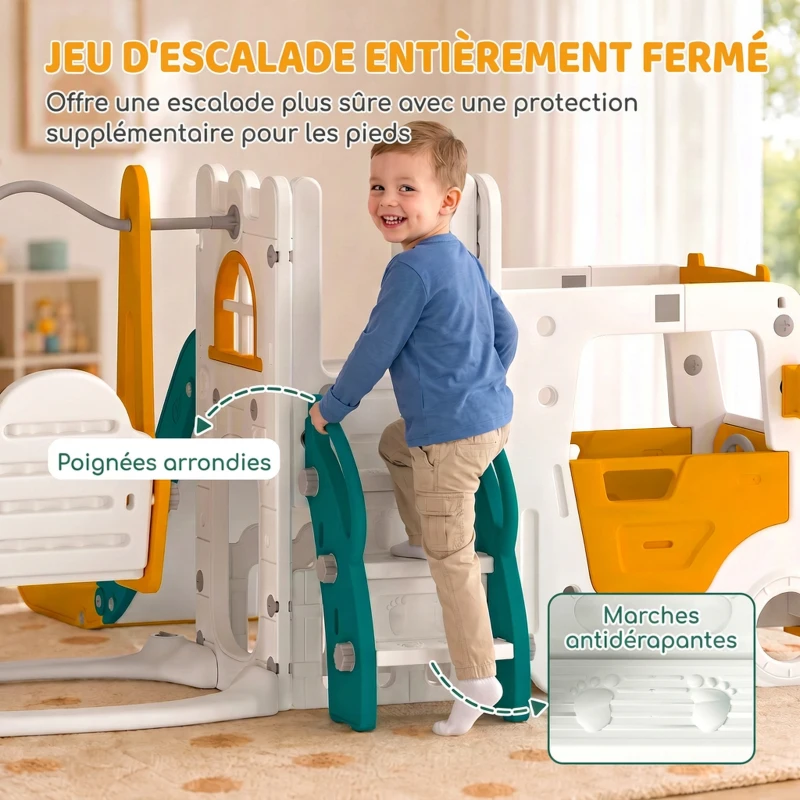 AIYAPLAY Ensemble Toboggan et Balançoire 7 en 1 pour Enfants, Aire de Jeux Intérieure, Thème Voiture, pour 1-4 Ans, Blanc