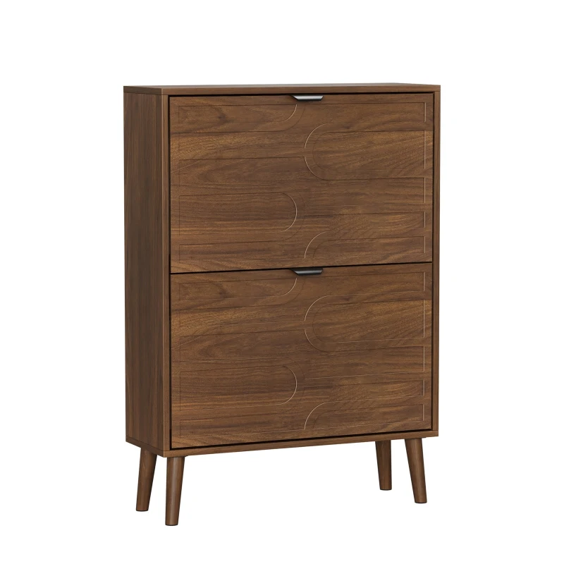 Farmhouse Walnut Shoe Storage Cabinet with 2 Flip Drawers, Slim Fence Shoe Cabinet for Corridor Entrance, 60L x 24W x 98H cm, Walnut