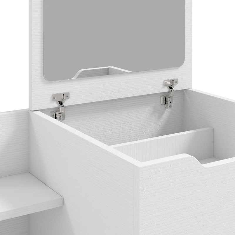 HOMCOM Vanity Desk Flip Top Hidden Mirror Vanity Rolling Stool Open Shelf White Wood Effect