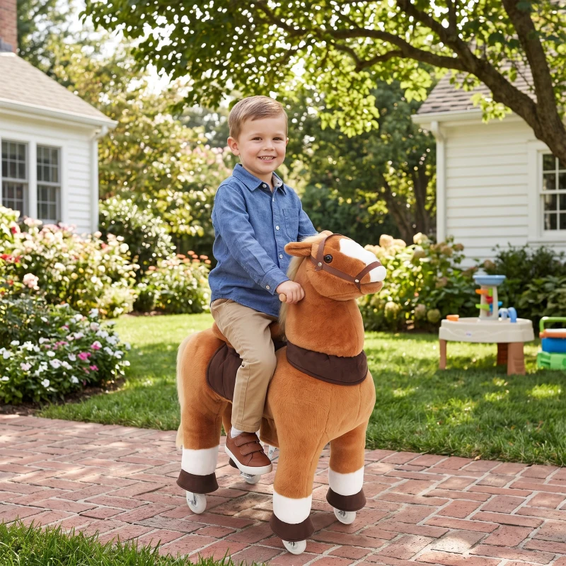 AIYAPLAY Reitpferd auf Rollen Spielpferd zum Reiten mit 4 Rädern Griffe Fußstütze, 95 cm hoch bis 40 kg, für Kinder 4-12 Jahren