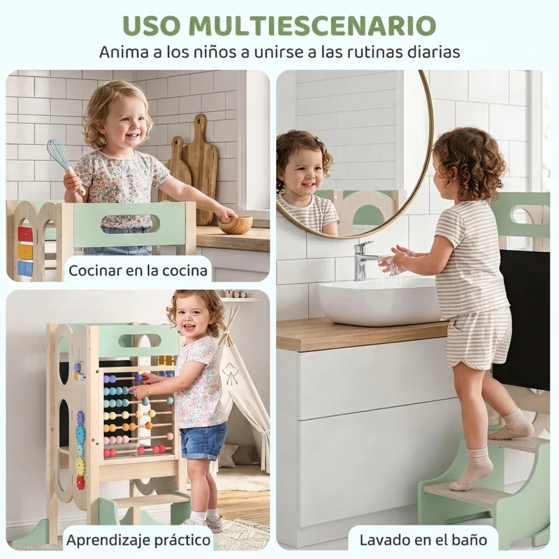 AIYAPLAY Torre de Aprendizaje 6 en 1 Montessori Plegable 3 Alturas con Pizarra Ábaco Reloj Escalones Desmontables 2-6 Años Verde