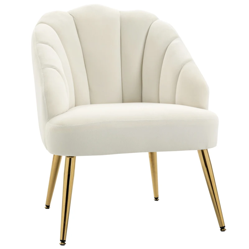 HOMCOM Fauteuil Salo, Fauteuil Coquillage Rembourré en Velours avec Pieds Dorés en Acier, 63 x 65 x 84 cm, Crème