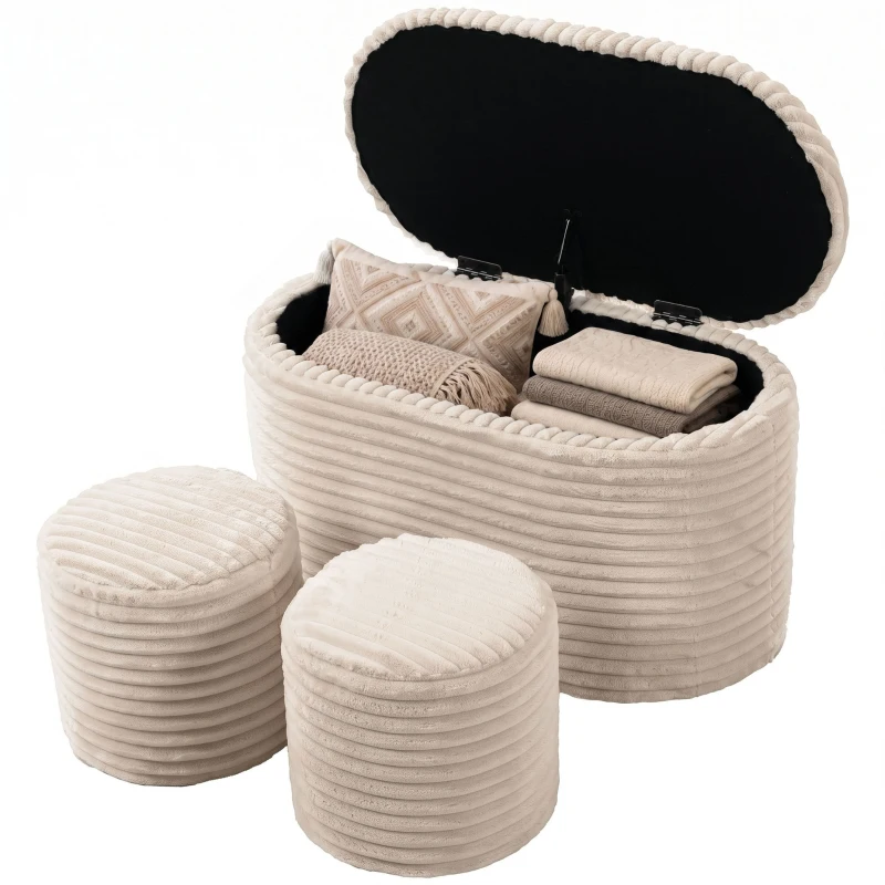 HOMCOM Sitzbank mit Stauraum 3-teiliges ineinanderstellbares Cord Truhenbank Hocker Set Beige