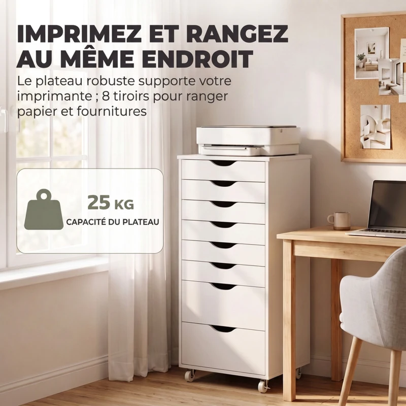 HOMCOM Caisson Bureau Mobile avec 8 Tiroirs, Meuble Rangement Bureau pour Documents et Imprimante, 53x40x103,5cm, Blanc