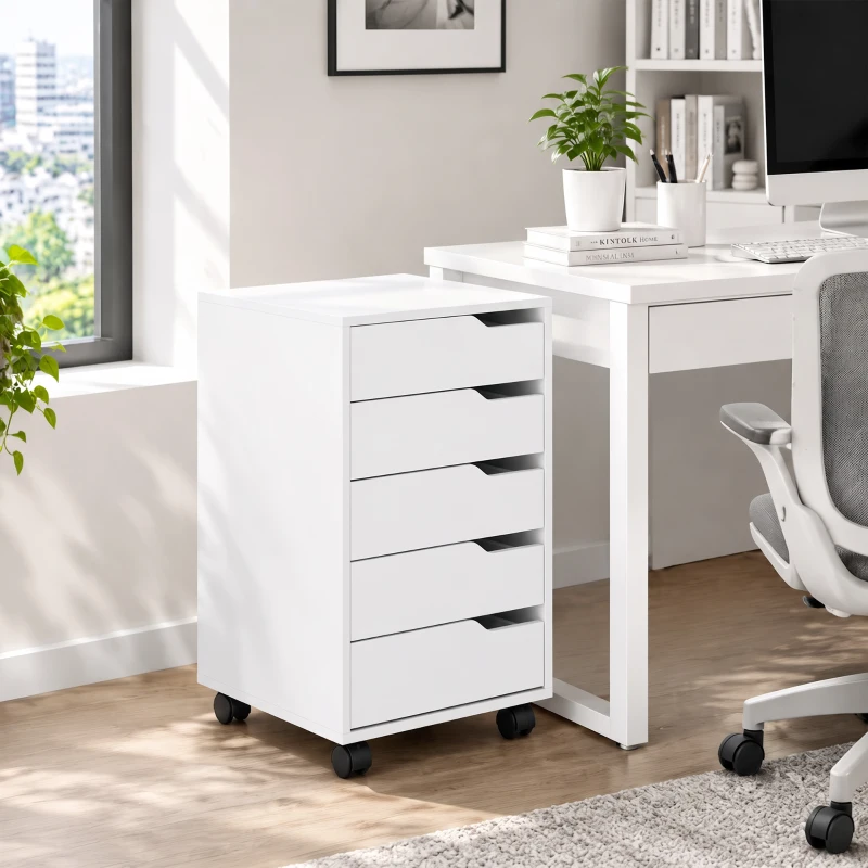 HOMCOM Caisson Bureau Mobile avec 5 Tiroirs, Meuble Rangement Bureau sur Roulettes pour Documents et Imprimante, Blanc