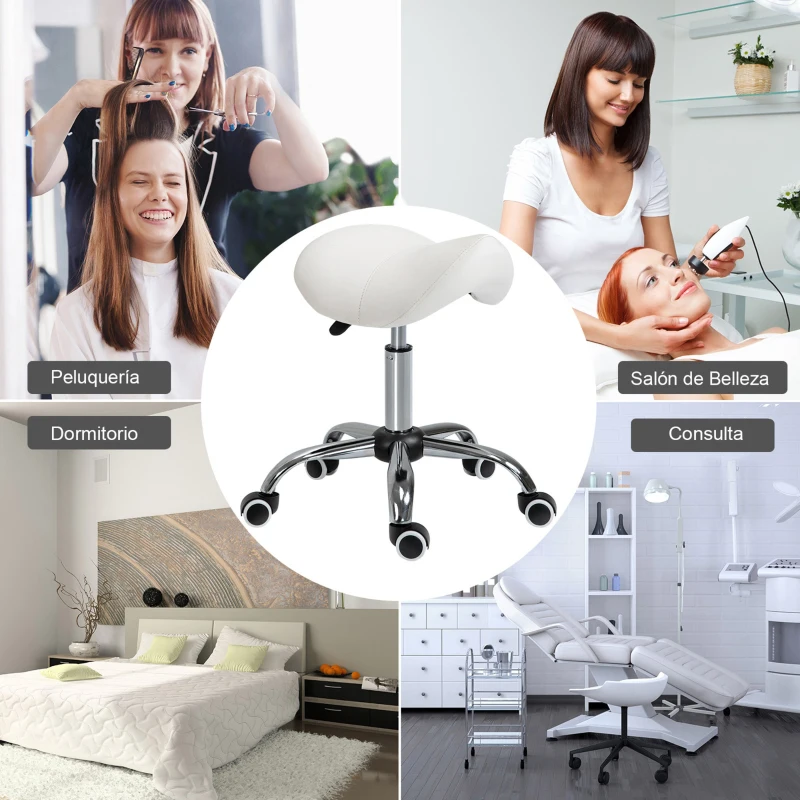 HOMCOM Taburete con Ruedas Taburete Giratoria con Altura Ajustable Taburete Cosmética Dentista Peluqueria 52x53x49-61cm Blanco