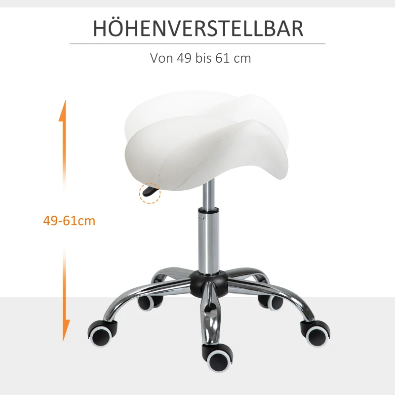 HOMCOM Rollhocker höhenverstellbar Drehhocker 49-61 cm Arbeitshocker drehbar Sattelhocker für Büro Salon Massage Spa Cremeweiß
