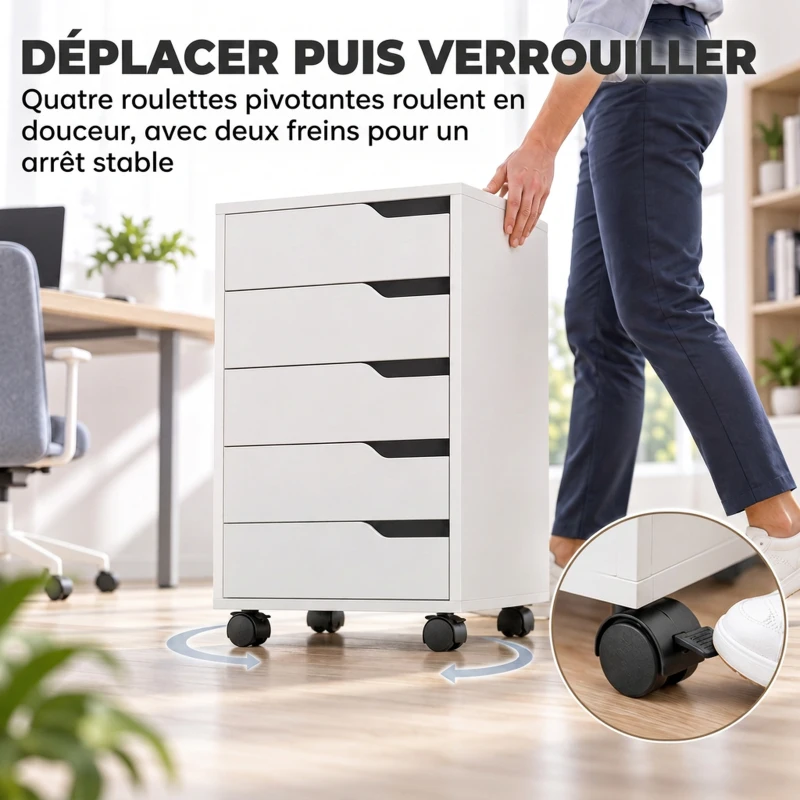 HOMCOM Caisson Bureau Mobile avec 5 Tiroirs, Meuble Rangement Bureau sur Roulettes pour Documents et Imprimante, Blanc