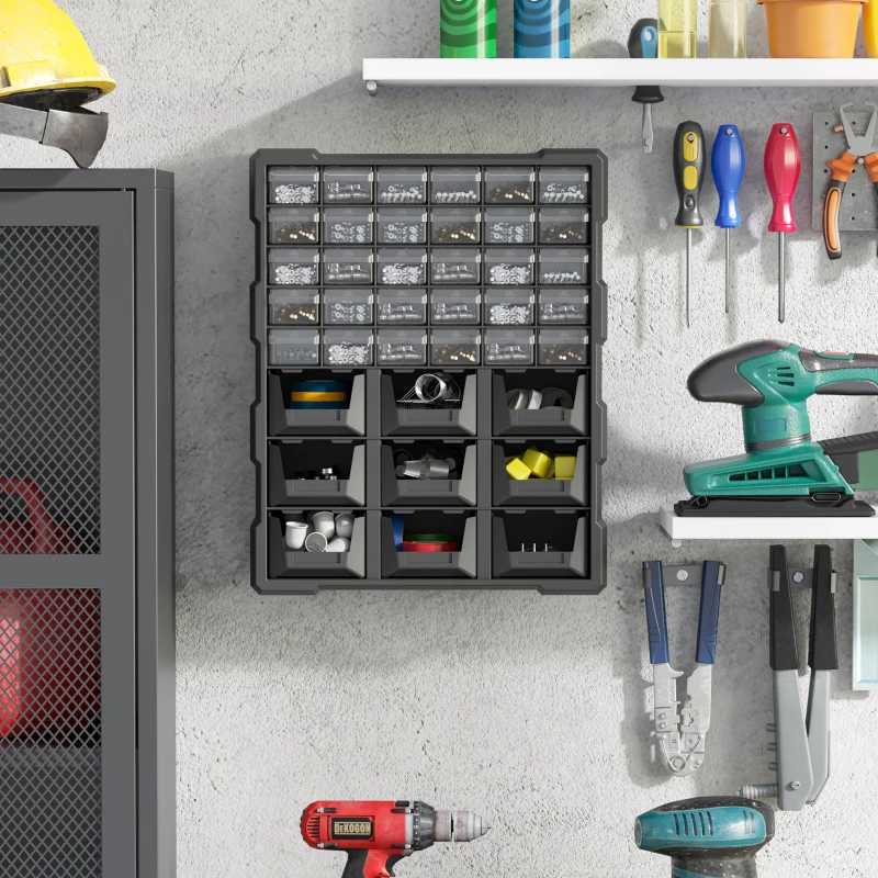 DURHAND Plastic 39 Drawer Parts Organiser Wall Mount Storage Cabinet Garage Small Nuts Bolts Tool Black