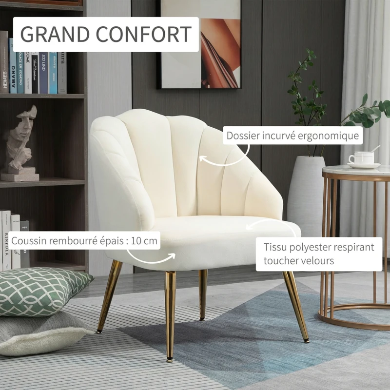 HOMCOM Fauteuil Salo, Fauteuil Coquillage Rembourré en Velours avec Pieds Dorés en Acier, 63 x 65 x 84 cm, Crème