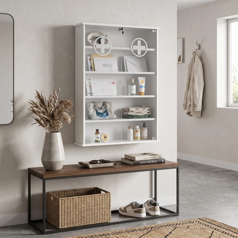 HOMCOM Botiquín de Pared de 5 Niveles con 2 Puertas de Cristal Estantes Ajustables Cerradura y 2 Llaves 60x17x82,5 cm Blanco