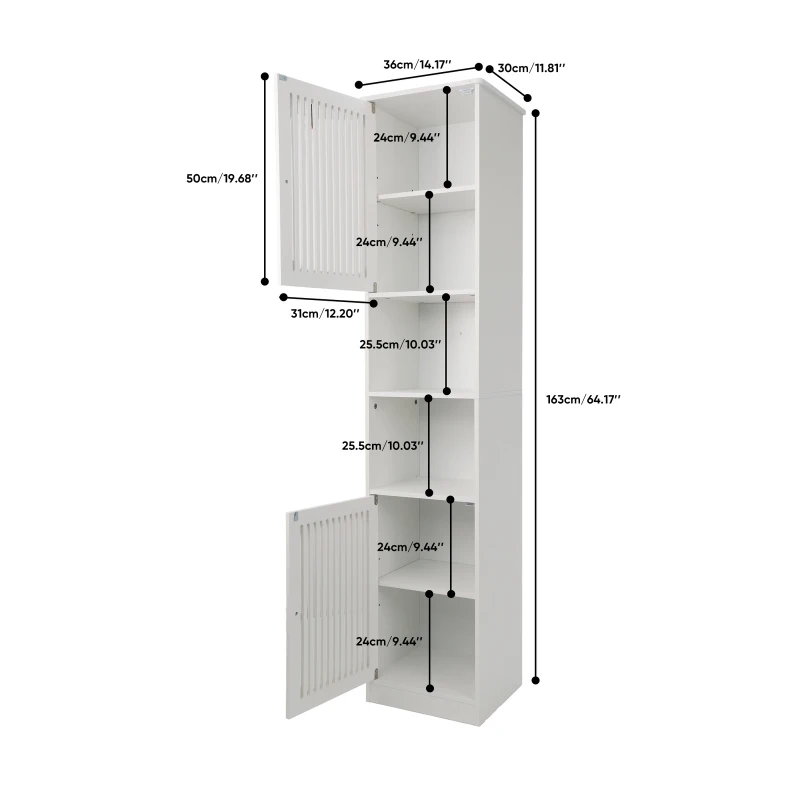 Tall Bathroom Cabinet with Louvered Doors and Adjustable Shelves, Slim Storage Unit for Bathroom and Hallway, 36L x 30W x 163H cm, White