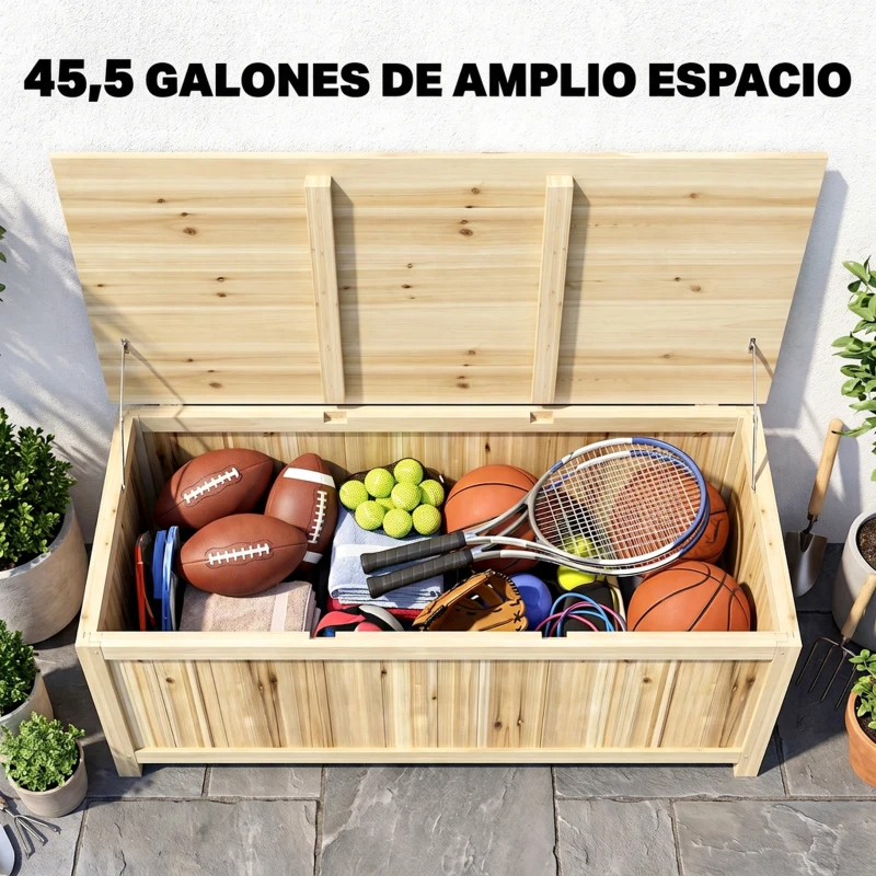 Outsunny Arcón Exterior de Madera 172 L Baúl Almacenaje con Tapa Abatible Resistente a la Intemperie para Jardín Madera Natural