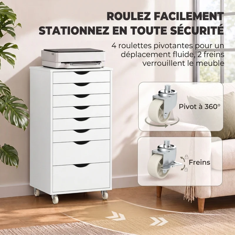 HOMCOM Caisson Bureau Mobile avec 8 Tiroirs, Meuble Rangement Bureau pour Documents et Imprimante, 53x40x103,5cm, Blanc