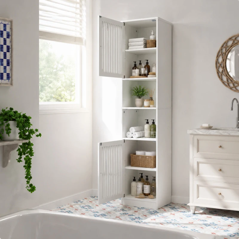 Tall Bathroom Cabinet with Louvered Doors and Adjustable Shelves, Slim Storage Unit for Bathroom and Hallway, 36L x 30W x 163H cm, White