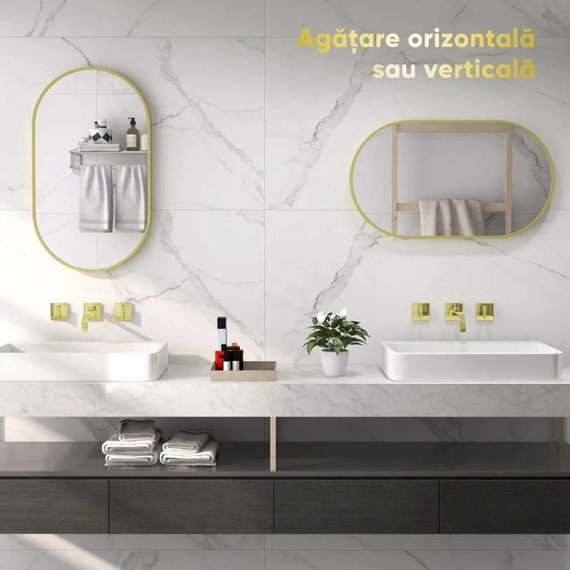 HOMCOM Oglindă Ovală de Baie pentru Perete, cu Ramă din Aluminiu, Montaj Vertical sau Orizontal, 40x70 cm, Auriu