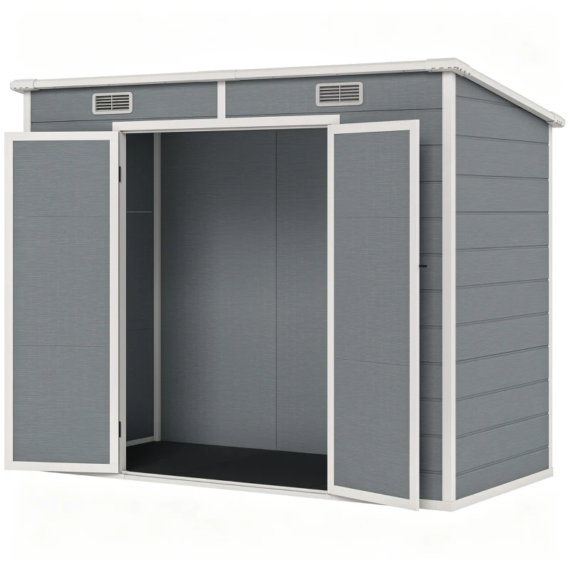 Outsunny Cobertizo de jardín exterior 2,4 x 1,3 m, en resina con suelo, ventana, puertas con cerradura y ventilaciones, gris