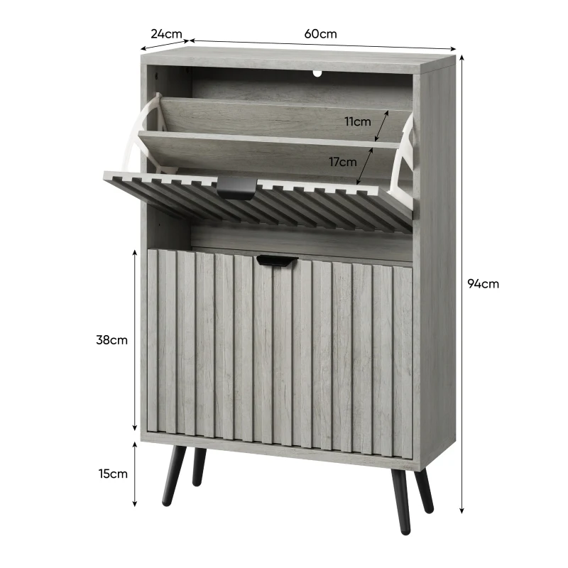 Streamlined Concealed Shoe Cabinet with 2 Flip Drawers, Secure Freestanding Storage Cabinet for Hallway Porch, 60L x 24W x 94H cm, Gray
