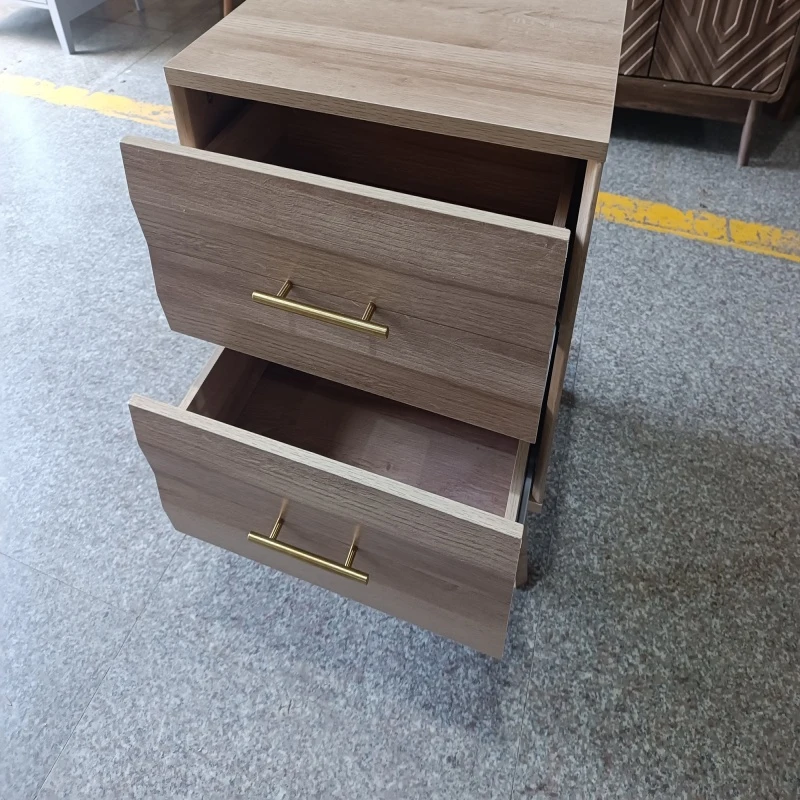 Minimalist Oak Double Drawer Bedside Table with Metal Handles, Modern Bedside Storage Cabinet for Bedroom, 50L x 40W x 58H cm, Oak