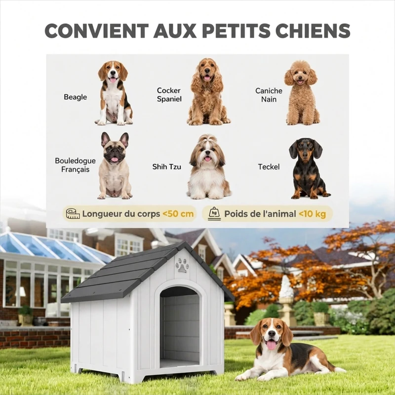 PawHut Niche pour chien extérieur, maison chien en polypropylène imperméable ventilé plancher surélevé 76x66x77cm gris clair