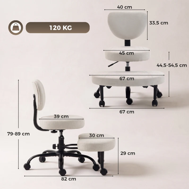 HOMCOM Silla de Oficina Ergonómica para Piernas Cruzadas Giratoria 360° Ruedas PU Altura Ajustable para TDAH Meditación Crema