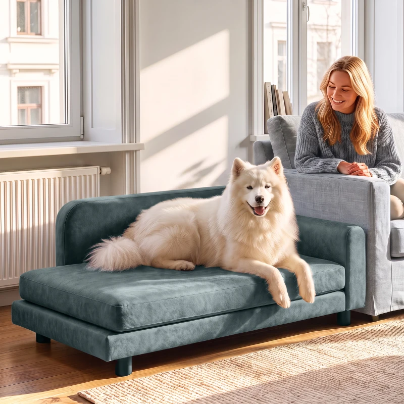 PawHut Canapé pour Chien Lit pour Chien Coussin Déhoussable Lavable Dossier Haut Accoudoirs Velours 101x66x34,5cm Gris